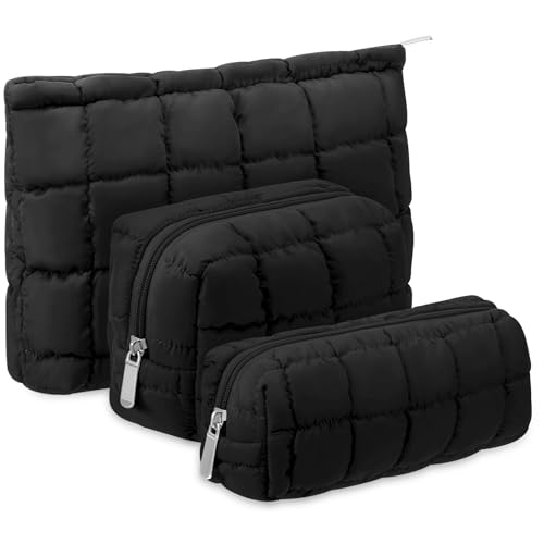 Huhumy 3 Pcs Puffy Makeup Bag Quilted Cosmetic Pouch for Women Cute Checkered Travel Toiletry Bag Puffer Makeup Organizer Purse Pouch Preppy Pencil Case with Zipper