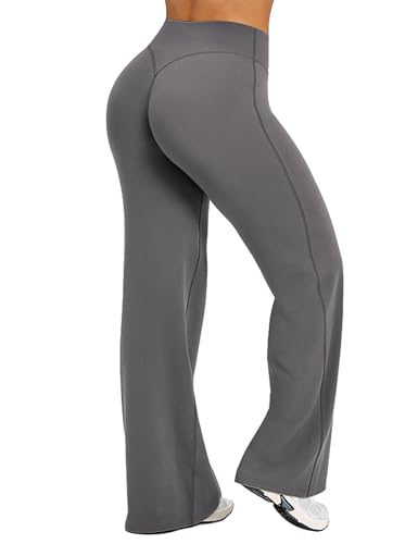 gymfrog Straight Leg Leggings Bottoms High Waisted Stretch Casual Soft Wide Leg Gym Yoga Pants Grey at Amazon
