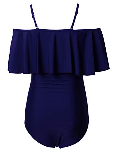 Maternity Swimsuit One Piece Bathing Suit Off Shoulder Flouncing Bikinis Tankini Beachwear Navy Blue XL - Thumbnail 2