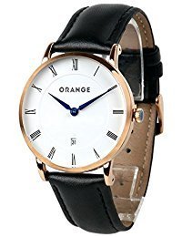 Orange Women's Wrist Watch Classic Casual Waterproof Quartz Analog Watch with Black Leather Band