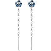 DIAMANTIO 18K Gold Plated Sterling Silver Blue Flower Threader Earrings – Statement Delicate Floral Drop Chain Design for Pierced Ears