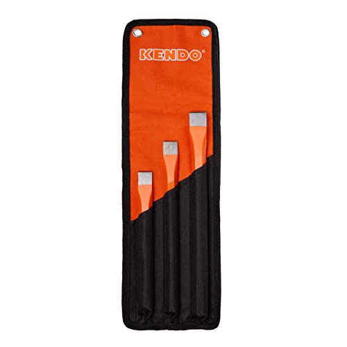 Kendo 3pcs Industrial Grade All Purpose Chisel Set - Octagonal Cold Steel Hand Tools For Carpentry, Metalwork, Woodwork & Masonry - Sizes 8", 10", 12" - Roll Up Storage Pouch Included