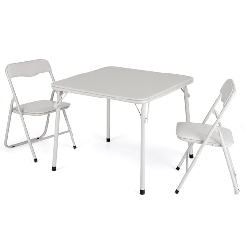 Garvee Kids Folding Table and Chair Set, 1 Table + 2 Chairs, Beige, Children Activity Table with Metal Frame & PU Surface, Foldable Toddler Furniture for Eating Reading Playing