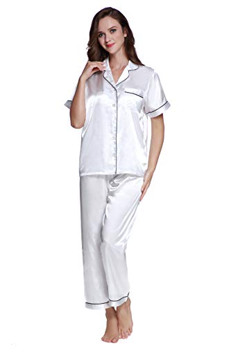 Sunrise Women's Short Sleeve Classtic Satin Pajama Set (X-Large, White with Black Piping)