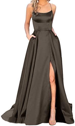 JASY Women's Spaghetti Satin Long Black Prom Dresses with Pockets
