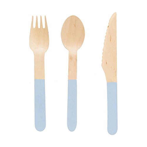 OSOPOLA Wooden Forks Spoon Curtly Set 24pcs Disposable Kids Party Flatware Colorful Eco-Friendly Home D��cor Kitchen Utensil for Wedding Birthday Blue - Thumbnail 2