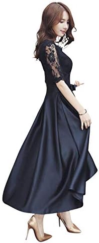 ドレス 上品 パーティードレス 結婚式 ワンピース ブラック 黒 ミモレ丈 レース Aライン 袖あり 二次会 謝恩会 お呼ばれ 代 30代 40代 シンプル