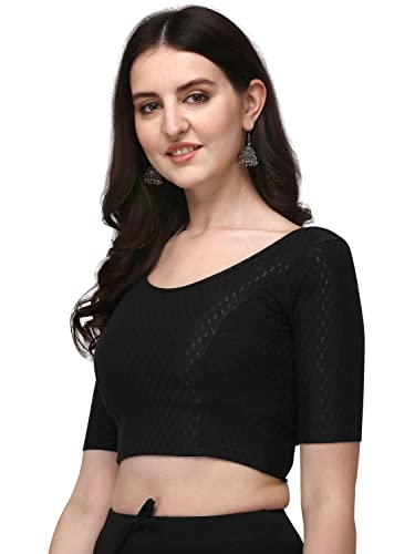 Shiv Textiles Round Neck Dobby Cotton Lycra Stretchable Elbow Sleeve Readymade Saree Blouse for Women Stylish (BlackPluse Size) 2