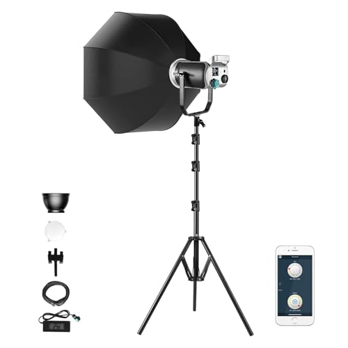 GVM LED Video Light with Softbox, 200W Bowens 3200K-5600K COB Photography Light with Tripod, App and DMX Control, LED Studio Continuous Light for Photography, Video, Interview, YouTube, Film 93000Lux/0.5 m