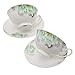 FINECASA 6.8 Oz Bone China Teacup with Saucer Green Peony Coffee Cup Set of 2