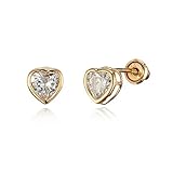 14k Yellow Gold Heart Bezel Cubic Zirconia Children Screwback Baby Girls Stud Earrings
