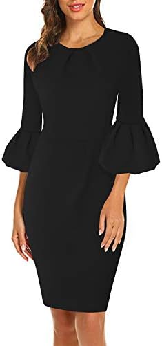 VIUVIU Womens Flounce Bell Sleeve Pleated Cocktail Bodycon Dress Office Work Casual Pencil Party Dresses