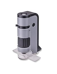 Carson MicroFlip 100x 250x   Microscopio de bolsillo con luz LED y UV con base deslizante y clip de digitalización para smartphone (MP 250 o MP 250MU)