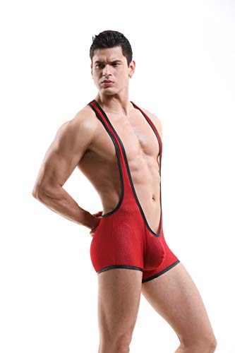 Swbreety Men's Mesh Bodysuit Wrestling Jockstrap Singlet Boxer Underwear Red