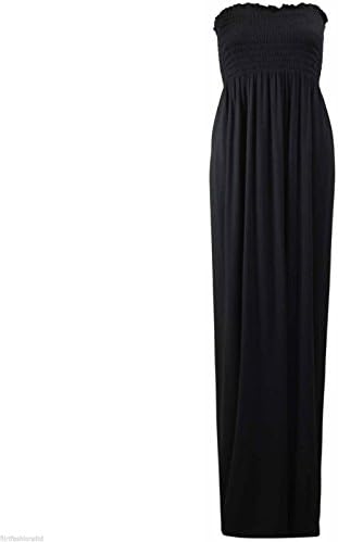 OgLuxe Womens Sheering Bandeau Ladies Boobtube Gather Strapless Summer Maxi Dress (One Size ( Fits S to 2XL ), Black)