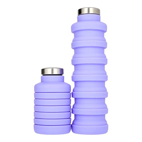 pandoo 700ml Collapsible Silicone Bottle - BPA Free, Leak Proof and Reusable - Lightweight Sports Water Bottle for Outdoor, Travel, Fitness - Black & Lilac