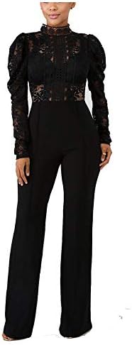 Prettysoul Sexy Club Outfits for Women - Long Sleeve Elegant Floral Lace See Through Solid Wide Leg Long Jumpsuit Romper