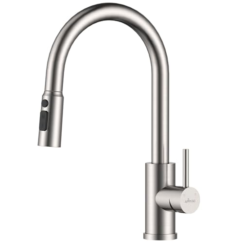 APPASO Grifo de cocina, SUS304 grifo de acero inoxidable con pull down pulverizador de 3 modos, grifo monomando de fregadero níquel cepillado (Sin dispensador de jabón)