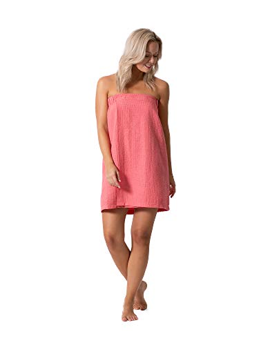 Turkish Linen Women's Waffle Spa Body Wrap with Adjustable Closure (One Size, Coral)