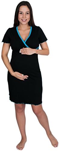 Cross Over Maternity Nursing Nightgown Short Sleeve (Medium, Black)