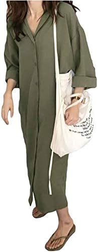 GGUHHU Womens Chic Button Down Rolled-Up Sleeve Long Cotton Blouse Maxi Dress