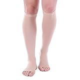 Doc Miller Premium Calf Compression Sleeve 1 Pair 20-30mmHg Strong Calf Support Multiple Colors Graduated Pressure for Sports Recovery Shin Splints Varicose Veins (Skin/Nude, Open Toe, Large)