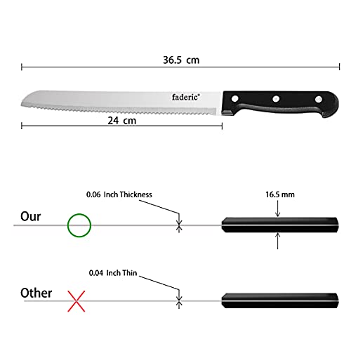 faderic SerratedBread Knife 10 Inch, Black FullTang and Triple Rivet