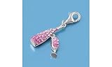 Sterling Silver Wine Glass Bottle Bracelet Pink CZ Pendant Charm 925 New 16mm with 1mm Snake Chain