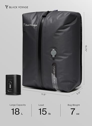 Black Voyage Reusable Vacuum Compression Travel Bag for Carry-On Suitcase and Backpack, Recycled IPX8 Waterproof Space Saver Vacpack (3-Pack, 18L - Pump Included)
