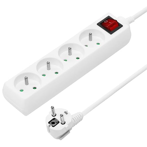PremiumCord Multipresa 230V, 4 Prese, Prolunga 230 V, Prese Francesi Ruotate di 45°, Presa Multipla di Alta Qualita con Sicurezza Bambini, Interruttore, 2m