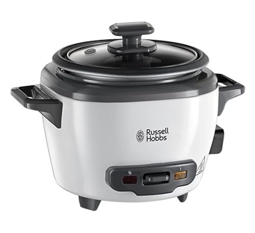 Russell Hobbs Small Rice Cooker, 3 portions of Rice (0.4 L), 600 grams at a time, Automatic Warming Function, Stainless Steel/White, Non-Stick Coating, Steam Exhaust, 200 Watt, 22.2 x 16.8 x 17.2 cm