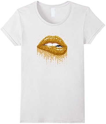 Womens Gold Glitter Lips T-Shirt XL White