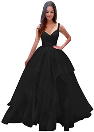 ElenaDressy Spaghetti Straps Ruffles Tulle Ball Gown Floor Length Prom Dresses