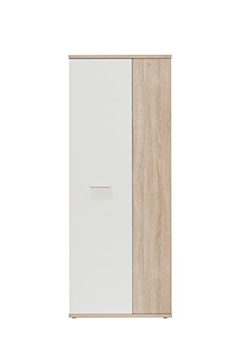 FORTE NET106 Schrank 70 180, Mehrzweckschrank klein, Staubsaugerschrank, Abstellraum, 2-türig mit Einlegeböden, Weiß mit Holzdekor: Sonoma Eiche, 69 c