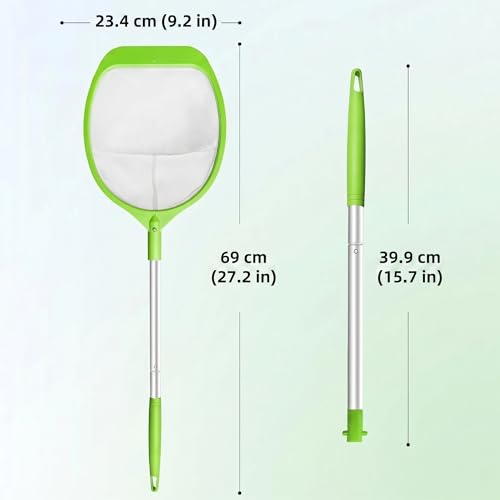 KGC Épuisette de Surface avec Manche Réglable 69 CM – Filet à Mailles Ultra Fines à Longueur Réglable pour Piscine, Étang et Spa, Idéal pour Bassins Autoportants et Compatible avec Bestway, Vert
