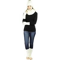 Exotic Identity Pom Pom Hat, Infinity Scarf, Fingerless Gloves, and Leg Warmers Cable Knit 4-Piece Gift Set Tundra Cold Weather Wear for Women - One Size - White
