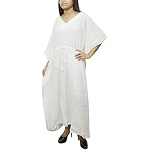 Mogul Interior Womens Kaftan Maxi Dress White Kimono Cotton Gauze Kimono Caftan L