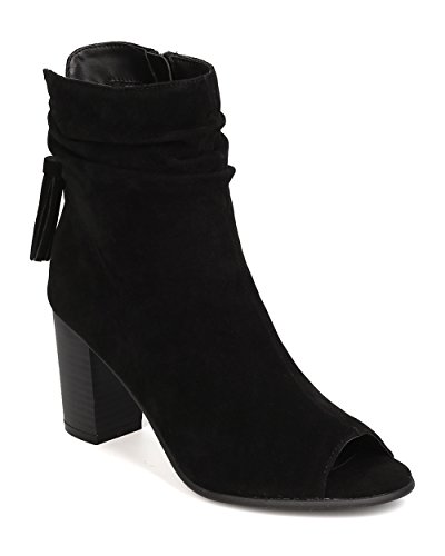 Breckelles GK78 Women Faux Suede Peep Toe Tassel Chunky Heel Bootie - Black (Size: 9.0)