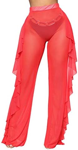 Women Sexy See Through Sheer Mesh Ruffle Pants Perspective Swimsuit Bikini Bottom Cover up Party Clubwear Pants