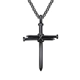 HIJONES Men's Stainless Steel Nail Cross Charm Pendant Necklace Chain 22 Inches, Polished Black