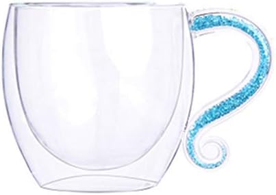 CUP Creative Personality Personalized Customized Double Wall Cup with Crystal &Amp; Acrylic Rhinestones Filled Hand Grip Glass Coffee Mugs,Blue