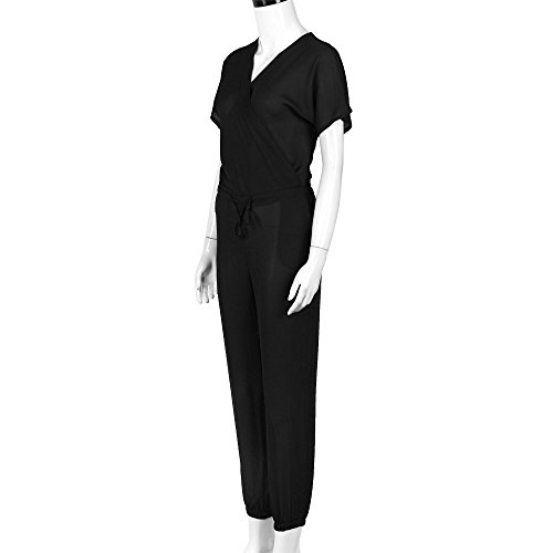 Chanyuhui Jumpsuits for Women Solid V Neck Long Pants Bandage Clubwear Romper Jumpsuit Bodysuit (M, Black)