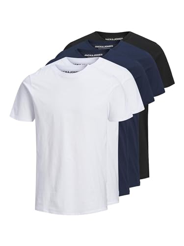 JJEORGANIC Basic Tee SS O-Neck 5PK MP T-Shirt, Noir/Paquet : 2 Blanc, 2 Bleu Marine, 1 Noir, S Homme