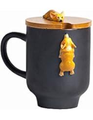 Corgi Mug with Original Bamboo Lid,Handcrafted Cute Corgi Gift Coffee Mug Tea Cup Perfect Novelty Gift-(12oz,350ML)(Black, Corgi)