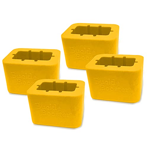 BPA-Free Car Seat Belt Buckle Booster - Keeps Your Receptacle Stable & Upright – with Kid Safety Sticker Set Gift (4-Pack, Yellow - Pull Over Buckle)