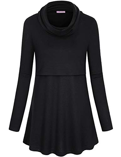 JOYMOM Breastfeeding Tops for Women,Mama Cowl Neck Pregnancy Maternity Nursing Clothes Gravida Elegant Hemline Snug Long Postpartum Blouse Workout Sweater Black S