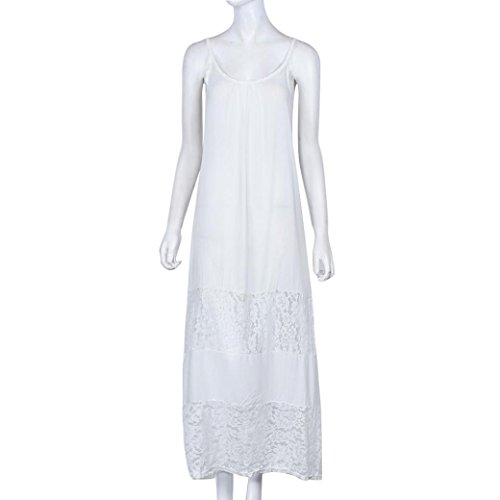 Snowfoller Sexy Women Spaghetti Strap Lace Long Maxi Dress Summer Beach Vest Dress Sleeveless Loose Dress (S, White)