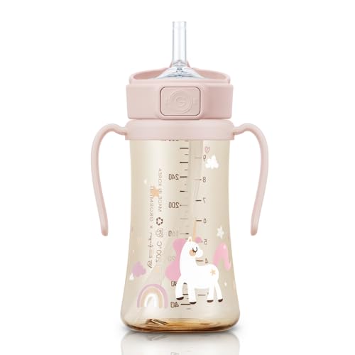 GROSMIMI Flip Top Spill Proof Sippy Cup with Stage 2 Straw for Toddlers, Customizable, PPSU, BPA Free 10 oz (Unicorn)
