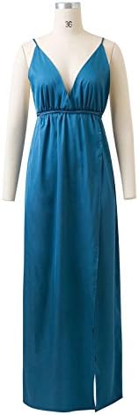 Satin Backless Sexy Dress Women Elegant Deep V Neck Split Maxi Dresses Cyan Blue M