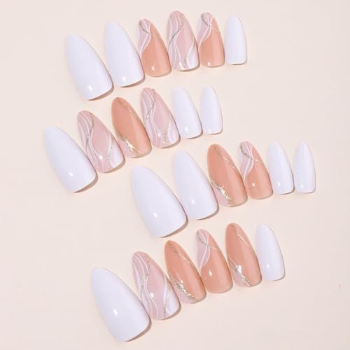 Almond Press on Nails Medium Fake Nails Glitter Gold Line Design Glue on Nails White False Nails Full Cover Nude Acrylic Nails Glossy Stick on Nails Fall Artificial Nails for Women Manicure 24Pcs - Image 2